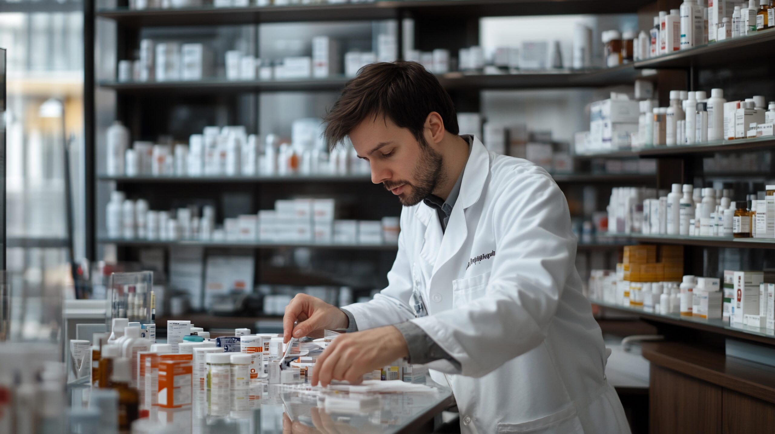 A pharmacist in Phoenix, Arizona, using a pharmacy management system